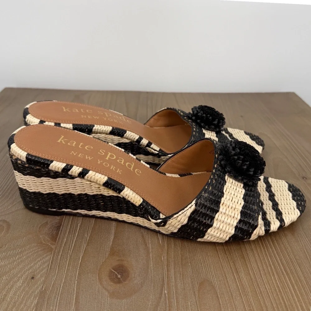 Kate Spade Leather Seville Black Striped Raffia Wedge Sandals Pom Pom Womens 9.5